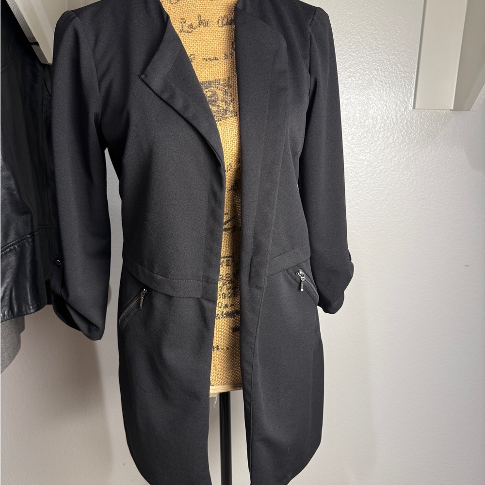 Source Unknown Black Long Women's Blazer with Zippered Pockets